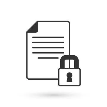 Grey Document and lock icon isolated on white background. File format and Illustrazione stock