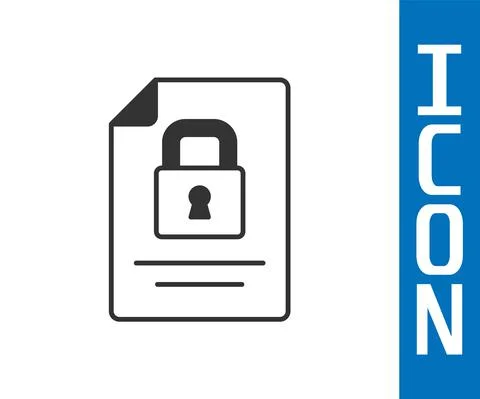 Grey Document and lock icon isolated on white background. File format and Illustrazione stock