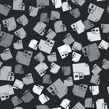 Grey Document and lock icon isolated seamless pattern on black background. .. Illustrazione stock