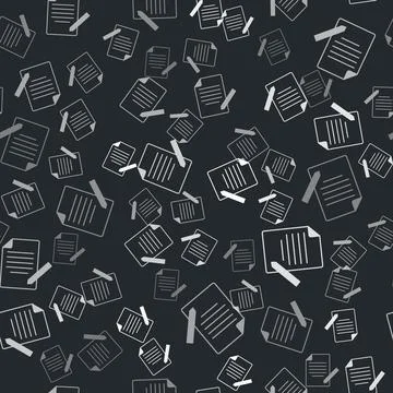 Grey Document and pen icon isolated seamless pattern on black background. File Illustrazione stock