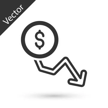 Grey Dollar rate decrease icon isolated on white background. Cost reduction Stock Illustration