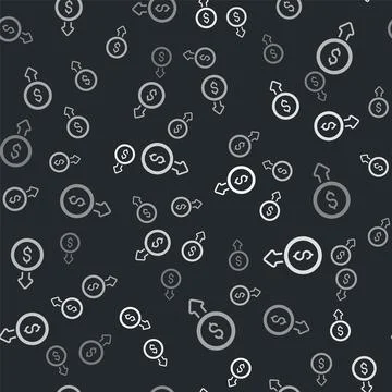 Grey Dollar rate decrease icon isolated seamless pattern on black background Stock Illustration