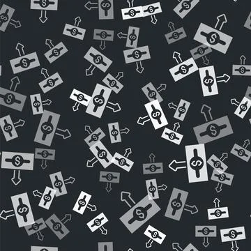 Grey Dollar rate decrease icon isolated seamless pattern on black background Stock Illustration