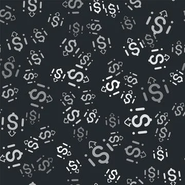 Grey Dollar rate decrease icon isolated seamless pattern on black background. 库存插图