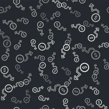 Grey Dollar rate decrease icon isolated seamless pattern on black background Illustrazione stock