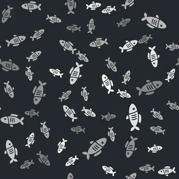 Grey Dried fish icon isolated seamless pattern on black background. Vector 스톡 일러스트