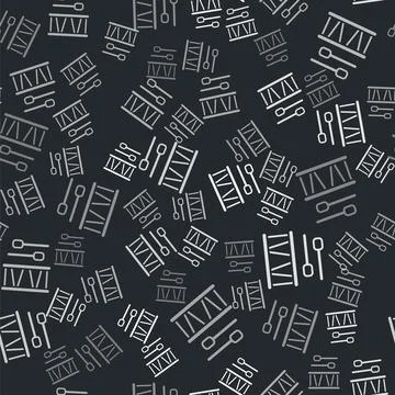 Grey Drum with drum sticks icon isolated seamless pattern on black background Stock Illustration