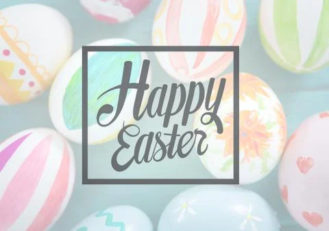 Grey easter graphic in box against easter eggs on teal table with white overlay Stock Illustration