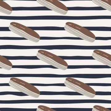 Grey eclair with chocolate glaze seamless stylized pattern. Monochrome backgr Ilustração Stock
