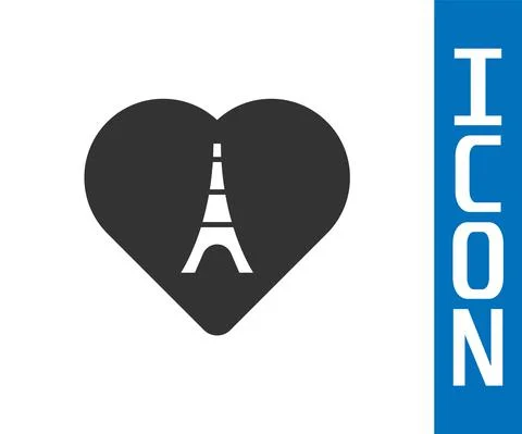 Grey Eiffel tower with heart icon isolated on white background. France Paris Illustrazione stock