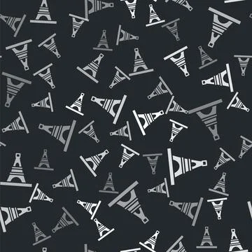 Grey Eiffel tower icon isolated seamless pattern on black background. France Stock Illustration