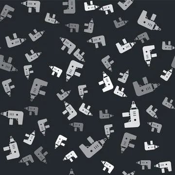Grey Electric drill machine icon isolated seamless pattern on black background Stock Illustration