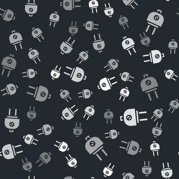 Grey Electric plug icon isolated seamless pattern on black background. Concep Illustrazione stock