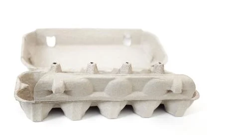 Grey empty open cardboard tray for 10 eggs isolated on white background Stock Photos