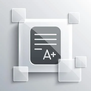 Grey Exam sheet with A plus grade icon isolated on grey background. Test paper Stock Illustration