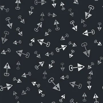 Grey Exclamation mark in triangle icon isolated seamless pattern on black Stock Illustration