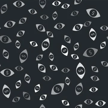 Grey Eye with dollar icon isolated seamless pattern on black background.  Vec Illustrazione stock