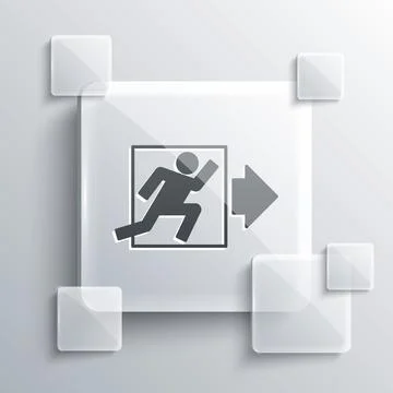 Grey Fire exit icon isolated on grey background. Fire emergency icon. Squar.. Ilustración de archivo