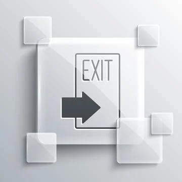 Grey Fire exit icon isolated on grey background. Fire emergency icon. Squar.. Ilustración de archivo