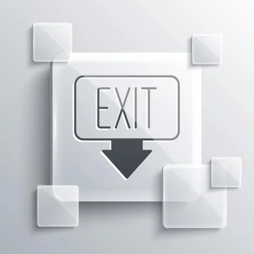 Grey Fire exit icon isolated on grey background. Fire emergency icon. Squar.. Ilustración de archivo