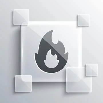 Grey Fire flame icon isolated on grey background. Square glass panels. Vector Stock Illustration