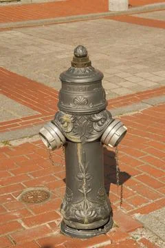 A grey fire hydrant next to a grey car. old fire hydrant Stock-Fotos