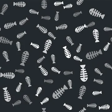 Grey Fish skeleton icon isolated seamless pattern on black background. Fish bone Stock Illustration