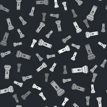 Grey Flashlight icon isolated seamless pattern on black background. Vector 스톡 일러스트