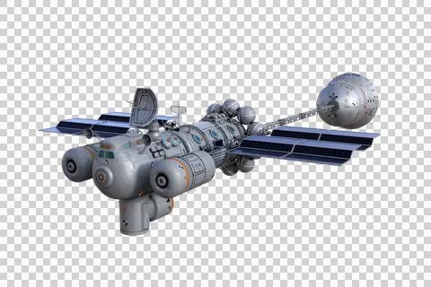 Grey futuristic sci-fi space ship viewed from higher angle. 3D illustration.. Illustrazione stock