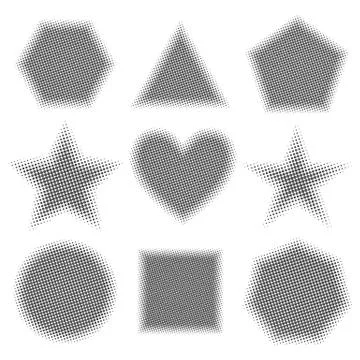 Grey geometric shapes with halftone effect, vector illustration. Stock Illustration