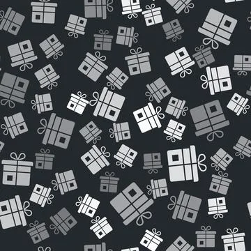Grey Gift box icon isolated seamless pattern on black background. Vector Stock Illustration