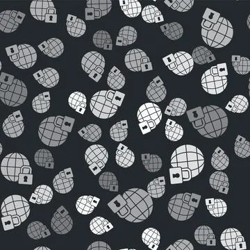 Grey Global lockdown - locked globe icon isolated seamless pattern on black Illustrazione stock