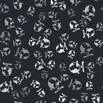 Grey Globe with flying plane icon isolated seamless pattern on black backgr.. Illustrazione stock
