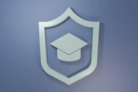 Grey Graduation cap with shield icon isolated on purple-blue background. In.. Stock Illustration