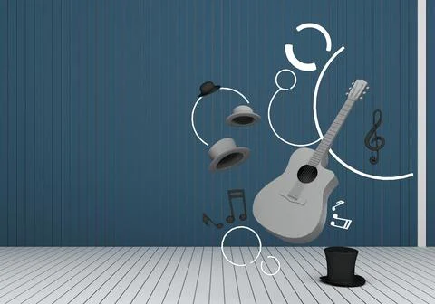 Grey guitar and black hat with music keys on a yellow floor and blue backgrou Stock Illustration