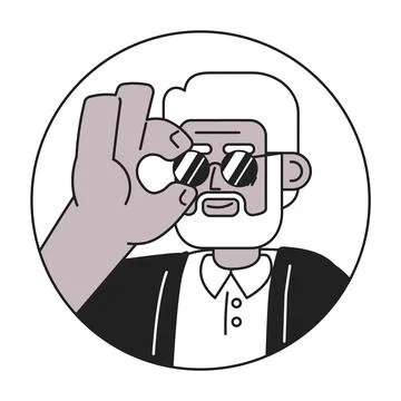 Grey-haired black man adjusting sunglasses bw 2D vector avatar illustration 스톡 일러스트
