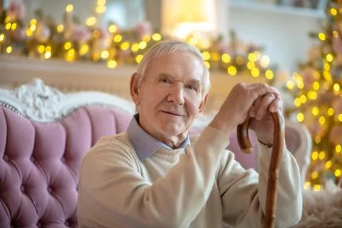 Grey-haired elderly man sitting on the sofa and looking confident Stock Photos