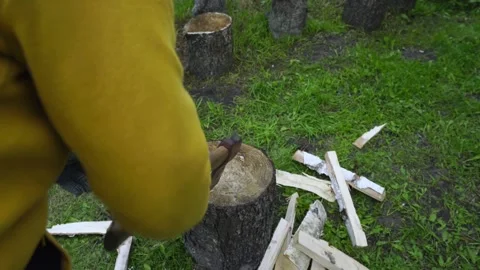 Grey-haired man chops birch wood with ax in middle of yard Video stock 173614343