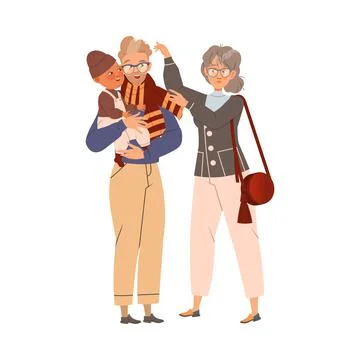 Grey Haired Mother Caring About Adult Son Holding Baby with Arms Vector Stock Illustration