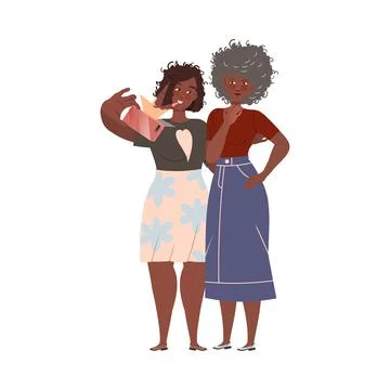 Grey Haired Mother Taking Selfie with Her Adult Daughter Vector Illustration Stock Illustration
