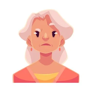 Grey haired old lady, angry facial expression Stock Illustration