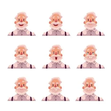 Grey haired old man face expression avatars Stock Illustration