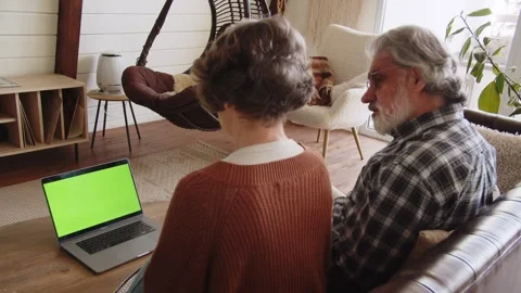 Grey-haired pensioners using laptop sit on sofa. Elderly couple using laptop Stock Footage 244117710