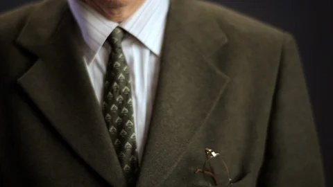 Grey-haired senior man puts on glasses Video stock 98719653