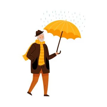 Grey Haired Senior Man Walking Under Umbrella in Rainy Day Vector Illustration Illustrazione stock