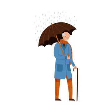 Grey Haired Senior Man Walking Under Umbrella in Rainy Day Vector Illustration Illustrazione stock