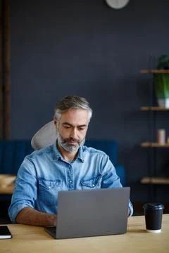 Grey-haired senior man working in home office with laptop. Business portrait of Stock Photos