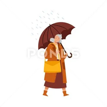 Grey Haired Senior Woman Walking Under Umbrella in Rainy Day Vector Illustration Stock Illustration