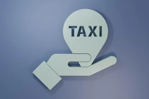 Grey Hand on map pointer with taxi icon isolated on purple-blue background... Stock Photos