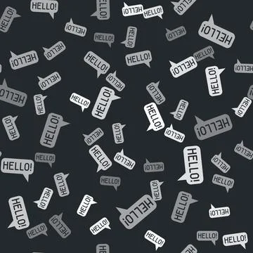 Grey Hello in different languages icon isolated seamless pattern on black Stock Illustration